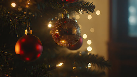 Classic holiday ornaments hanging on a Christmas tree with warm, soft lighting creating a cozy atmosphere.の素材