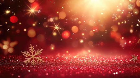 A vibrant and enchanting red and gold background featuring sparkling lights and a delicate snowflake, perfect for holiday themes, events, and seasonal greetings.の素材