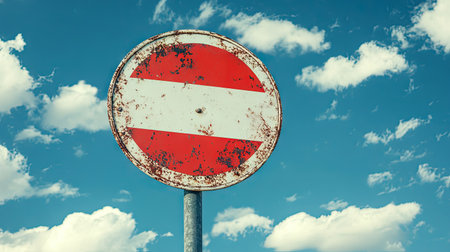 A rustic no entry sign stands prominently against a backdrop of blue sky and white clouds. The weathered texture and bright colors make it an intriguing image for various themes.の素材