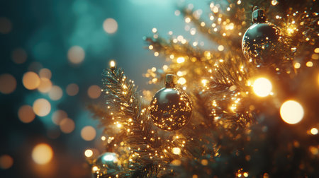 Christmas tree with glimmering lights and shiny baubles, capturing holiday joy and festive spirit in close-up detail.の素材