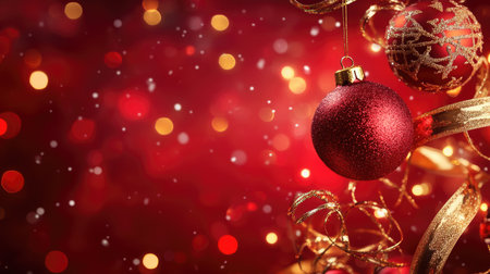 A stunning red Christmas ornament adorned with shimmering ribbons captures the essence of holiday cheer amid a dreamy bokeh backdrop, evoking warmth and celebration.の素材
