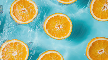 Vibrant orange slices float delicately on clear blue water, surrounded by bubbles and ripples, creating a refreshing, summery atmosphere ideal for food photography.の素材