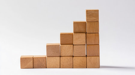 A composition of stacked wooden blocks arranged to resemble a bar chart, symbolizing growth and progress. Ideal for business and educational concepts.の素材