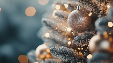 Christmas tree close-up with shimmering ornaments and twinkling lights, showcasing holiday spirit and decoration.の素材