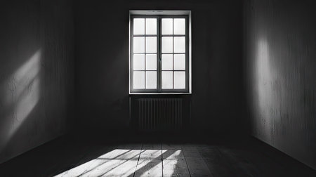 A striking monochrome image featuring an abandoned room with a window that casts shadows across the wooden floor, evoking feelings of solitude and contemplation.の素材