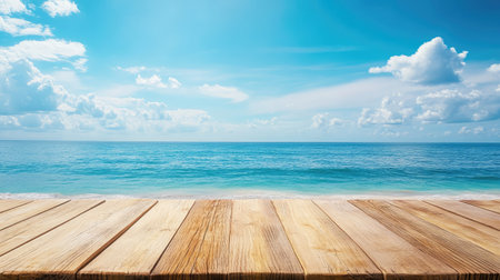 A peaceful seaside view showcasing a wooden deck in front of calm ocean waters under a bright blue sky with fluffy clouds. Ideal for relaxation and tranquility.の素材