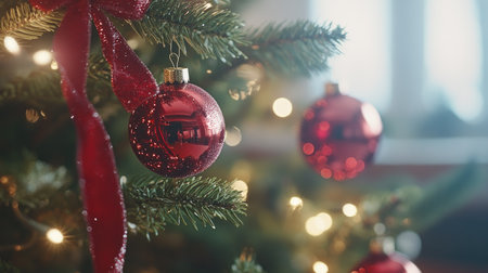 Christmas tree decorated with ribbons, lights, and glossy baubles, capturing the magic of the holiday season.の素材