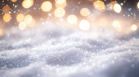 A serene winter evening scene featuring gently falling snowflakes with a soft, blurred light background. This enchanting image evokes feelings of tranquility and beauty.の素材