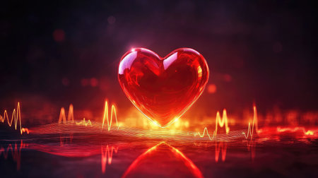 A vivid red heart symbol glows against a dynamic background, paired with a heartbeat line, illustrating themes of love and vitality in a creative and emotional way.の素材