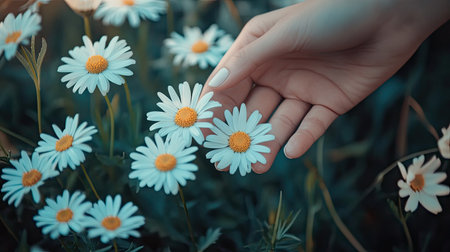 A serene moment captured as a hand reaches out to touch delicate white daisies in a lush green field, showcasing the beauty of nature during springtime.の素材