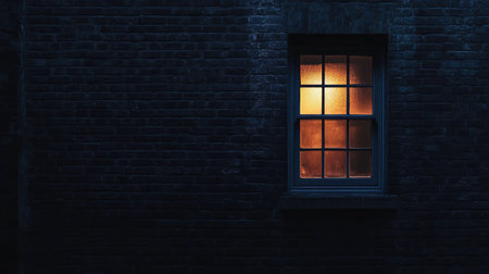A solitary window emits a warm glow amidst a dark brick wall at night. The soft light creates an inviting atmosphere, perfect for a tranquil urban setting.の素材