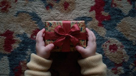Child's hands holding a Christmas gift with a festive ribbon, showing the magic and wonder of the holiday season.の素材