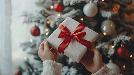 Christmas gift with a big red ribbon held in hands, Christmas tree and ornaments in the soft background.の素材