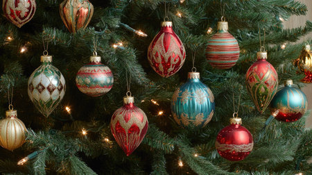 Classic holiday ornaments hanging on a Christmas tree with warm, soft lighting creating a cozy atmosphere.の素材