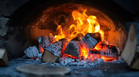 A mesmerizing capture of flames dancing in a rustic wood-fired oven, showcasing the warm glow and inviting ambiance that enhances any gathering with loved ones.の素材
