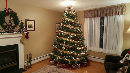 Christmas tree decorated with ribbons, lights, and glossy baubles, capturing the magic of the holiday season.の素材