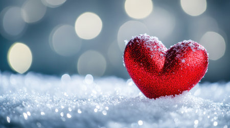 A stunning red heart ornament covered in frost sits on a snowy surface, creating a cozy winter scene with a soft bokeh background, perfect for romantic themes.の素材