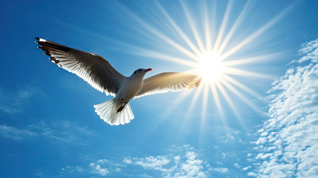 A serene bird flies gracefully against a bright blue sky, with the sun shining brightly behind, creating a sense of freedom and natural beauty in this uplifting scene.の素材