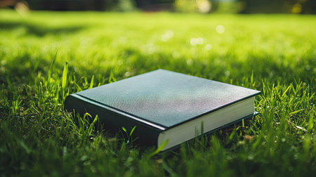 An open book is placed on the lush green grass, capturing a peaceful moment in nature. The sunlight softly illuminates the pages, inviting relaxation and reading.の素材