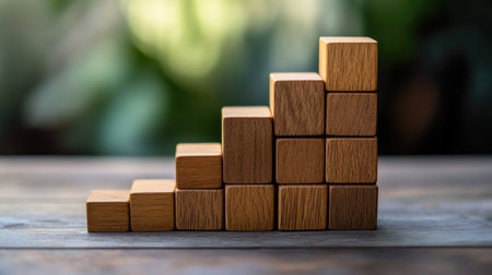 A creative arrangement of wooden blocks stacked in increasing order symbolizes growth and progression in a serene, softly blurred natural environment.の素材