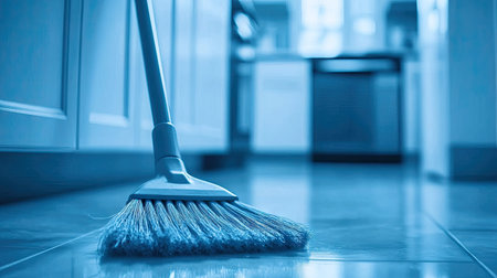 Close-up of a broom and dustpan on a clean floor, highlighting a simple, effective cleaning setup in a modern household setting.の素材