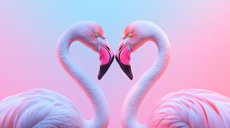 Beautiful image featuring two flamingos symbolizing love, with their necks intertwined forming a heart shape against a soft pastel background. Perfect for romantic themes.の素材