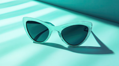 Discover these stylish cat-eye sunglasses resting on a vibrant turquoise surface, featuring captivating light and shade patterns that enhance their chic design.の素材