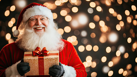 Cheerful Santa Claus presenting a gift box with a bow, set against a backdrop of twinkling Christmas lights and holiday decorations.の素材
