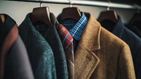 This image features a beautifully arranged collection of suits and jackets on a clothing rack, highlighting luxurious fabrics and sophisticated styling.の素材
