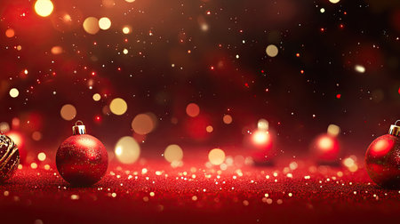 A captivating festive red background adorned with shimmering Christmas ornaments and glowing bokeh lights, perfect for holiday-themed projects and celebrations.の素材