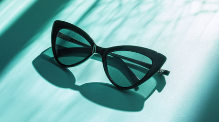 A pair of elegant cat-eye sunglasses cast shadows on a smooth teal surface, showcasing a modern design and stylish aesthetic, perfect for fashion enthusiasts.の素材
