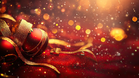 Captivating holiday scene featuring red Christmas ornaments and golden ribbon set against a warm red backdrop, enhanced by soft bokeh lights and gentle snowflakes, perfect for seasonal themes.の素材