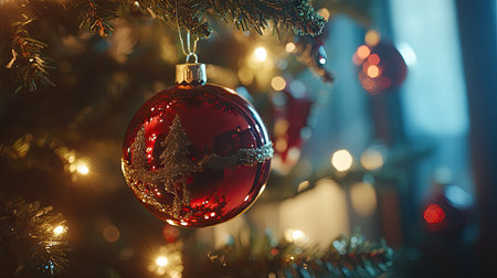 Classic holiday ornaments hanging on a Christmas tree with warm, soft lighting creating a cozy atmosphere.の素材