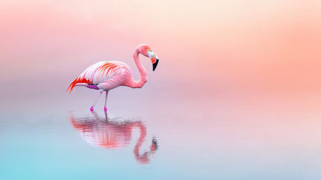 A stunning flamingo stands gracefully in calm water, reflecting its vibrant colors against a soft pastel sky at sunrise, creating an enchanting natural scene.の素材