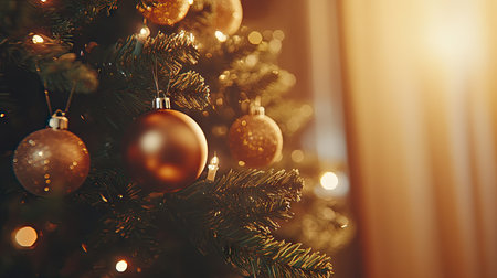 Christmas tree close-up with shimmering ornaments and twinkling lights, showcasing holiday spirit and decoration.の素材
