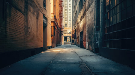 A captivating view of a narrow alleyway in a bustling city, showcasing textured walls and warm lighting, perfect for themes of solitude and urban exploration.の素材