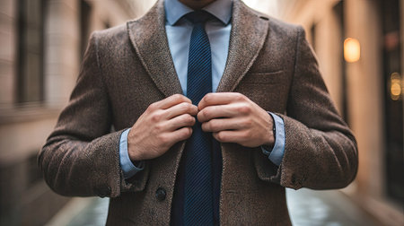 A confident businessman adjusts his tie while wearing a stylish brown coat. The urban background adds a modern touch, emphasizing professionalism and elegance.の素材