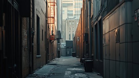 A narrow alleyway in an urban setting shows buildings reflecting sunlight. Frost covers the pavement, and trash bins line the sides, creating a moody atmosphere.の素材
