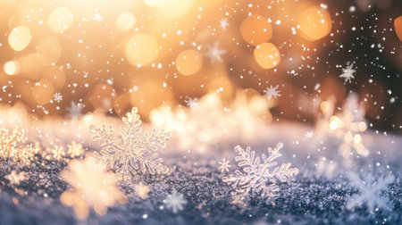 A beautiful winter scene featuring delicate snowflakes resting on shimmering surfaces, set against a warm bokeh background creating a cozy holiday atmosphere.の素材