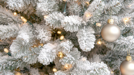 Close-up of a Christmas tree with classic ornaments, snow-covered tips, and warm lights, emphasizing holiday coziness.の素材