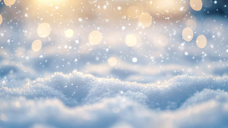 Gentle snowflakes dance through a tranquil winter landscape, creating a dreamy atmosphere with warm light reflections, perfect for seasonal themes and holiday designs.の素材