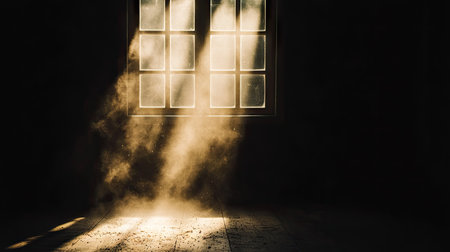A captivating moment captured of light rays bursting through a dusty window, creating a mystical atmosphere in a dark room. The interplay of light and shadow evokes peace.の素材