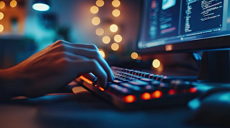 A serene atmosphere featuring a close-up of a hand on a backlit keyboard, illuminated by soft bokeh lights, perfect for tech and workspace themes.の素材
