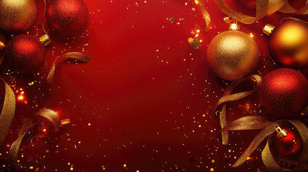 A vibrant red background adorned with Christmas ornaments, shimmering ribbons, and sparkling lights, perfect for creating a festive atmosphere this holiday season.の素材
