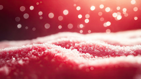 A stunning close-up image capturing sparkling snowflakes on a soft surface, enhanced by a dreamy red background. This artwork evokes the serene beauty of winter.の素材