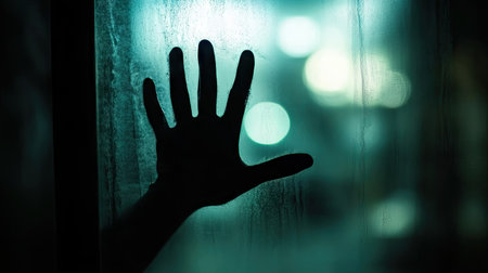 This captivating image features a shadowed hand pressed against a foggy glass surface, creating a haunting atmosphere of mystery and suspense in a dimly lit environment.の素材