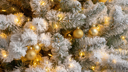Close-up of a Christmas tree with sparkling golden lights, ornaments, and snowy branches for a wintery festive feel.の素材