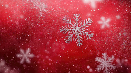 A beautiful array of snowflakes shimmer against a rich red backdrop, evoking feelings of warmth and joy during the festive winter season. Perfect for holiday themes.の素材