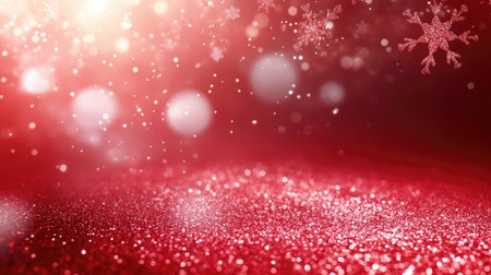 Captivating red background adorned with shimmering snowflakes and a dreamy bokeh effect, ideal for creating a festive atmosphere for winter celebrations and designs.の素材