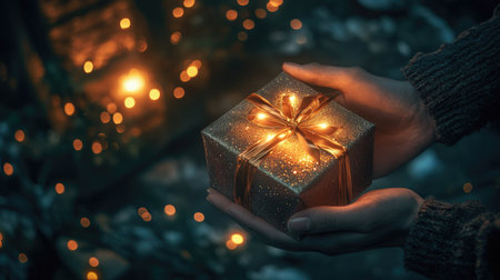 Christmas present with a shiny bow in hands, surrounded by holiday decor and soft twinkling lights.の素材